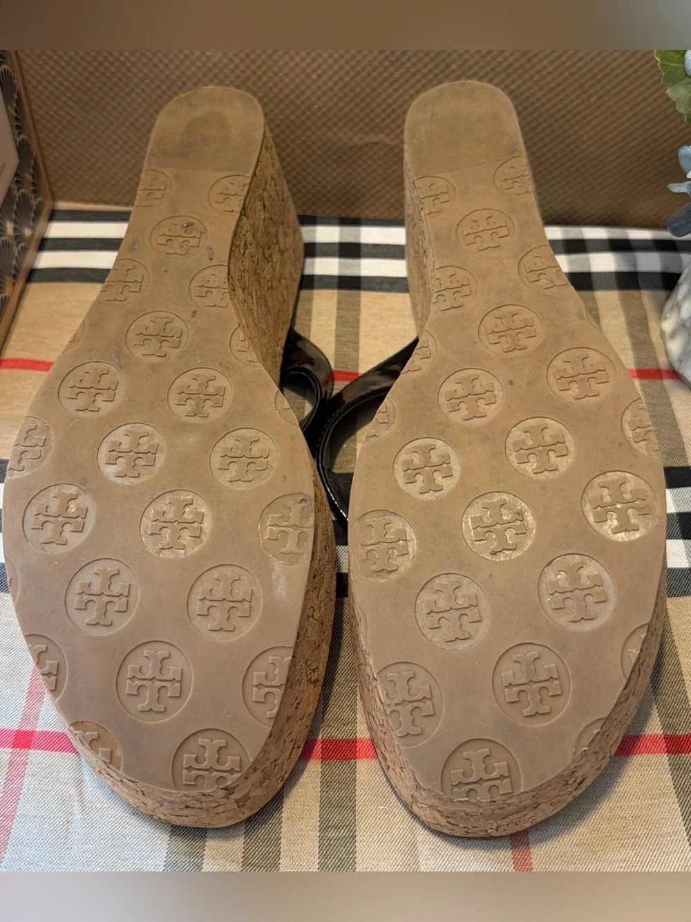 Tory Burch Black Patent Leather Wedge Thong Sandals with Gold Logo